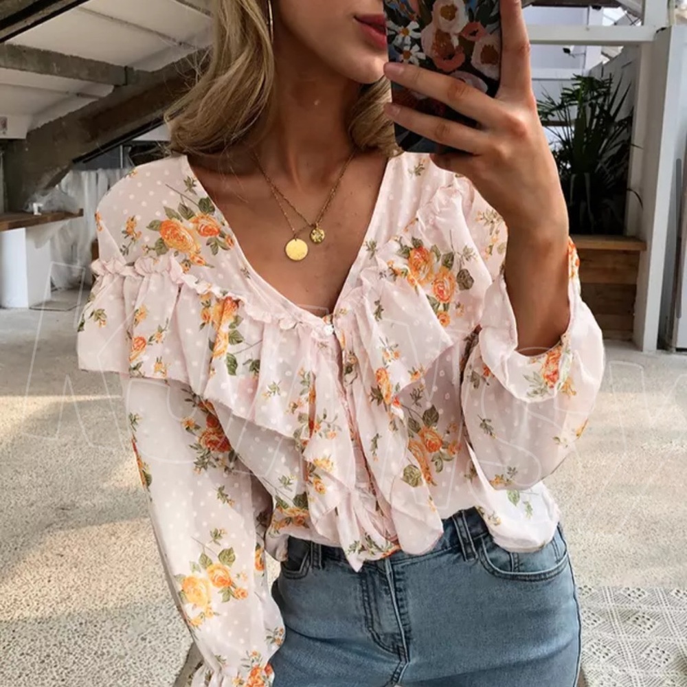 Floral Ruffle Button Down Top Blouse